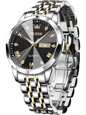 Men's Silver And Black Diamond Stainless Steel Analog Quartz Waterproof Watch